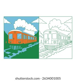 Vector art of Cartoon train on railroad tracks with steam and clouds in the sky illustration
