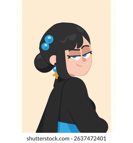 Vector art of Cartoon woman with black hair and blue accessories