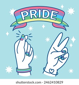 vector art celebrating LGBTQ+ pride, featuring a rainbow banner with the word "PRIDE", a raised fist, and a peace sign, all adorned with rainbow colors.