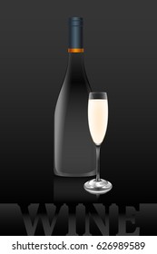 Vector art of champagne wine bottle and glass on a black background. Vector objects are set in groups.