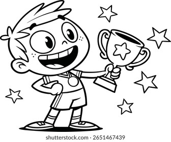 A arte vetorial de um menino alegre do desenho animado celebra sua vitória, segurando um troféu alto enquanto as estrelas cintilam em torno dele, mostrando seu espírito vencedor