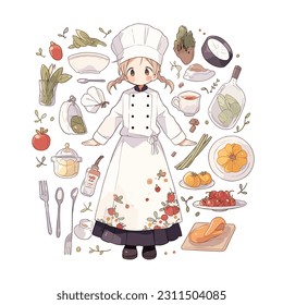  Vector art of a chef accompanied by fresh ingredients