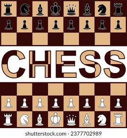 Vector art of a chessboard with text in the middle, art, vector, pieces.