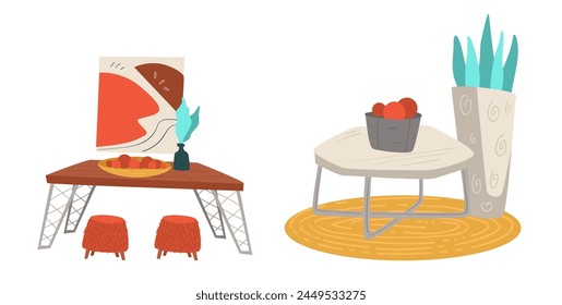 Arte vectorial de un diseño de casa chic con Elementos decorativos y muebles modernos, aislado sobre blanco.