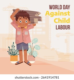 Vector Art of Child Labor – Exhausted Boy Carrying Heavy Burden, Poverty and Exploitation Concept, World Day Against Child Labor Awareness Illustration, Social Justice and Human Rights Graphic