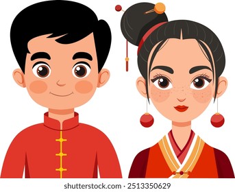 Vector art of a Chinese couple in traditional attire