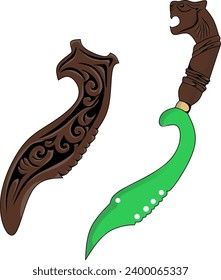 Vektorkunst-cleaver Kujang mit einem mit einem Tigerkopf geschnitzten Griff, geeignet für grafische Entwürfe auf Kleidung oder für andere Gestaltungszwecke