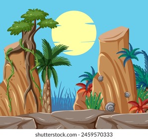 Vector art of cliffs, trees, and a setting sun