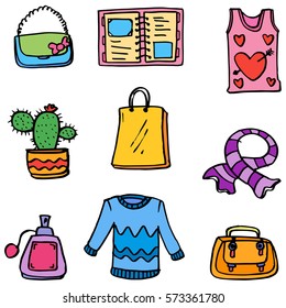 Vector art of clothes and object women doodles collection