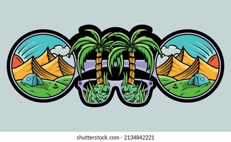 Vector art with coconut trees and bushs in glasses and mountains with camping tent hand drawn illustration ready to print
