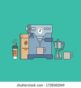 vector art of a coffee maker with various minimalist accessories