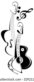 Vector art collage of string musical instruments - guitar and viola. Isolated line work image on white background.