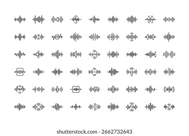 Arte vectorial de colección de iconos y símbolos abstractos de ondas de sonido que representan audio, música y señales, aislados