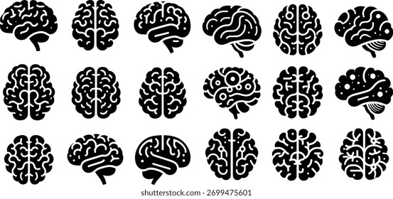 Arte vectorial de colección de iconos de cerebro negro en varias vistas y estilos