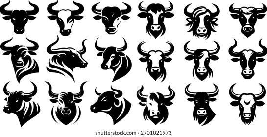 Vector art of collection of black bull head icons and symbols on a