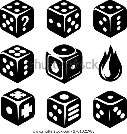 Vector art of collection of black and white dice icons with various symbols