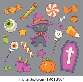 Vector art collection of cute cartoon Halloween drawings including black cat with witch hat, coffin, candles and traditional candy
