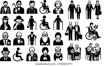 Arte vectorial de colección de íconos diversos que representan a personas de diferentes edades y capacidades