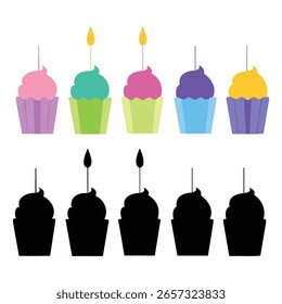 Vector art of a collection of five colorful cupcakes with lit