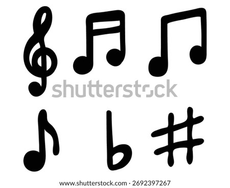 Vector art of collection of handdrawn musical notes and symbols including a treble clef, eighth note, flat, and sharp