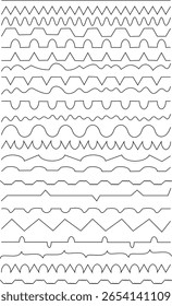 Vector art collection of hand-drawn seamless horizontal dividers in multiple shapes including loops, spikes, curves, and waves for design use