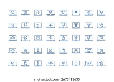 Arte vectorial de la colección de los iconos de la computadora portátil con varios símbolos de animales