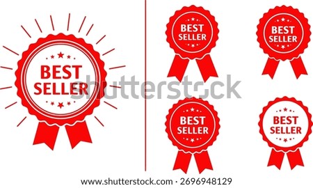Vector art of collection of red best seller badges with ribbons and sunburst