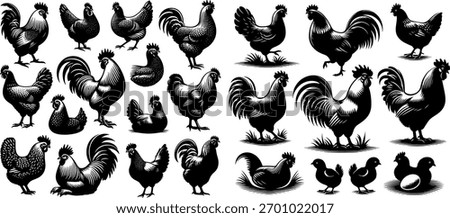 Vector art of collection of rooster and hen silhouettes