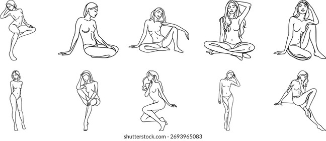 Arte vectorial de colección de diez dibujos artísticos de líneas de mujeres en varias poses