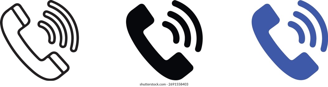 Arte vectorial de colección de tres iconos de teléfono, contorno, negro y azul