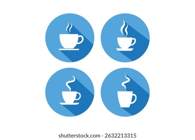 Vector art of Collection of white coffee cup icons with steam on blue circles