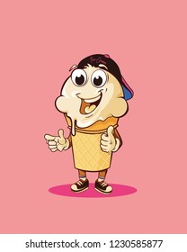 Vector art of color smile ice cream mascot (young fun and stylish ) on pink background (isolated). cartoon concept. Doodle style. Thin line art flat design of ice cream for food, rest, cafe