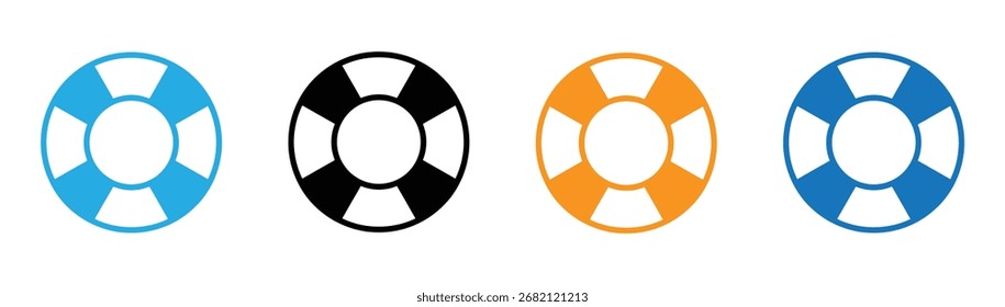 Vector art of a colorful array of life preservers, featuring blue, black, and orange hues, each ring meticulously designed for safety and visual appeal