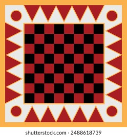 Vector art with colorful checkerboard, art, drawing. Draughts or checkers, strategy board game for players, playing surface and squares, pieces for moving. 