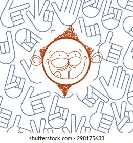 Vector art colorful drawing of content person, education and social network design elements and hand signs isolated on white. Allegory illustration, emotions and human temperament concept.