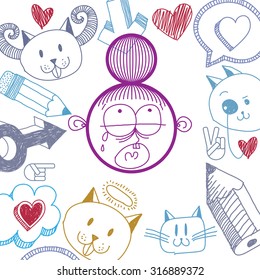 Vector art colorful drawing of depressed crying girl with modern hairstyle, education and social network design elements. Allegory illustration, emotions and human temperament concept.