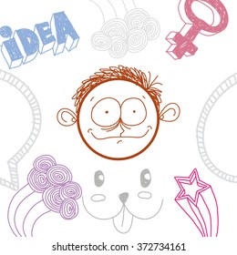 Vector art colorful drawing of happy person, education and social network design elements isolated on white. Allegory illustration, emotions and human temperament concept.