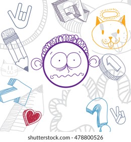 Vector art colorful drawing of scared person, education and social network design elements isolated on white. Allegory illustration, emotions and human temperament concept.