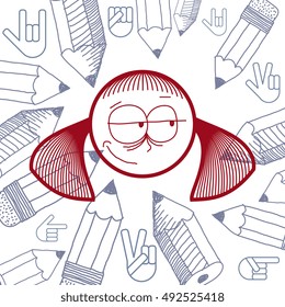 Vector art colorful drawing of skeptic woman with modern hairstyle, education and social network design elements isolated on white. Allegory illustration, emotions and human temperament concept.