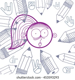 Vector art colorful drawing of surprised woman with modern hairstyle, education and social network design elements isolated on white. Allegory illustration, emotions and human temperament concept.