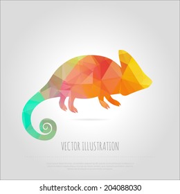 Vector art colorful geometric chameleon isolated. Contemporary spectrum abstract background illustration. Fashion design element positive animal lizard.