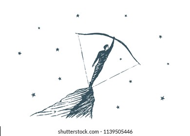 Vector art concept sketch, hand drawn illustration. A human with a bow on top of the mountain. 