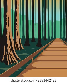 Vector art of Congaree National Park with an iconic view of bottomview hardwood forest. An illustration of for art prints, badges or designs.