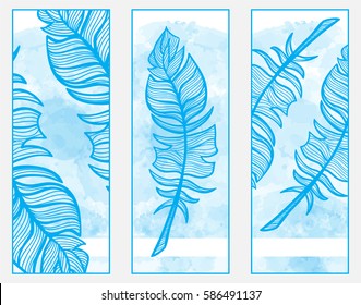 Vector art, consist of tree module. Set of templates for banners, dividers, bookmarks or cards with beautiful boho style art. Feathers, lace mandala, dreamcatcher elements on stylized watercolor