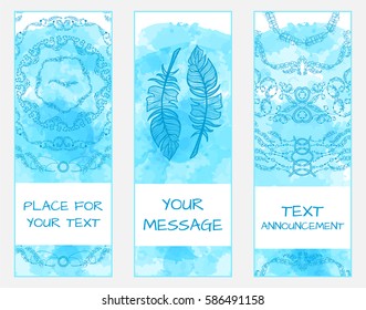 Vector art, consist of tree module. Set of templates for invitations, announcement with place for Your text.  Feathers, lace mandala, dreamcatcher elements on stylized watercolor backgrounds