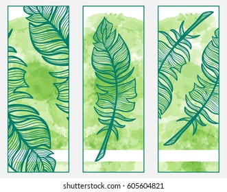 Vector art, consist of tree module. Set of templates for banners, dividers, bookmarks or cards with beautiful boho style art. Feather, mandala, dreamcatcher elements on stylized watercolor background