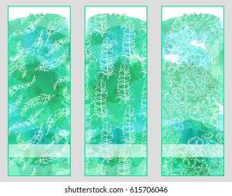 Vector art, consist of tree module. Set of templates for banners, dividers, bookmarks or cards with boho style art. Feathers, lace mandala, dreamcatcher elements on stylized watercolor backgrounds 