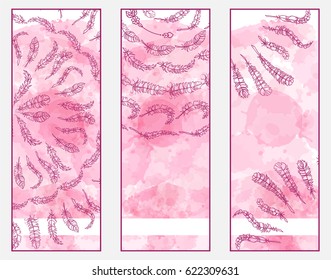 Vector art, consist of tree module. Set of templates for banners, dividers, bookmarks or cards with beautiful boho style art. Feathers, lace mandala, dreamcatcher elements on  watercolor backgrounds