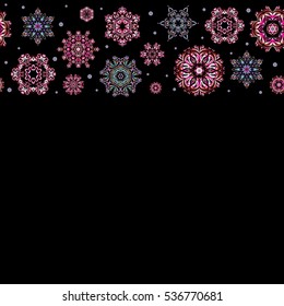 Vector art with copy space. Simple snowflakes seamless pattern, floral elements, decorative ornament. Arab, Asian, ottoman motifs in pink, blue colors. Horizontal seamless pattern on black background.
