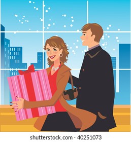 Vector art of couple shopping in store.